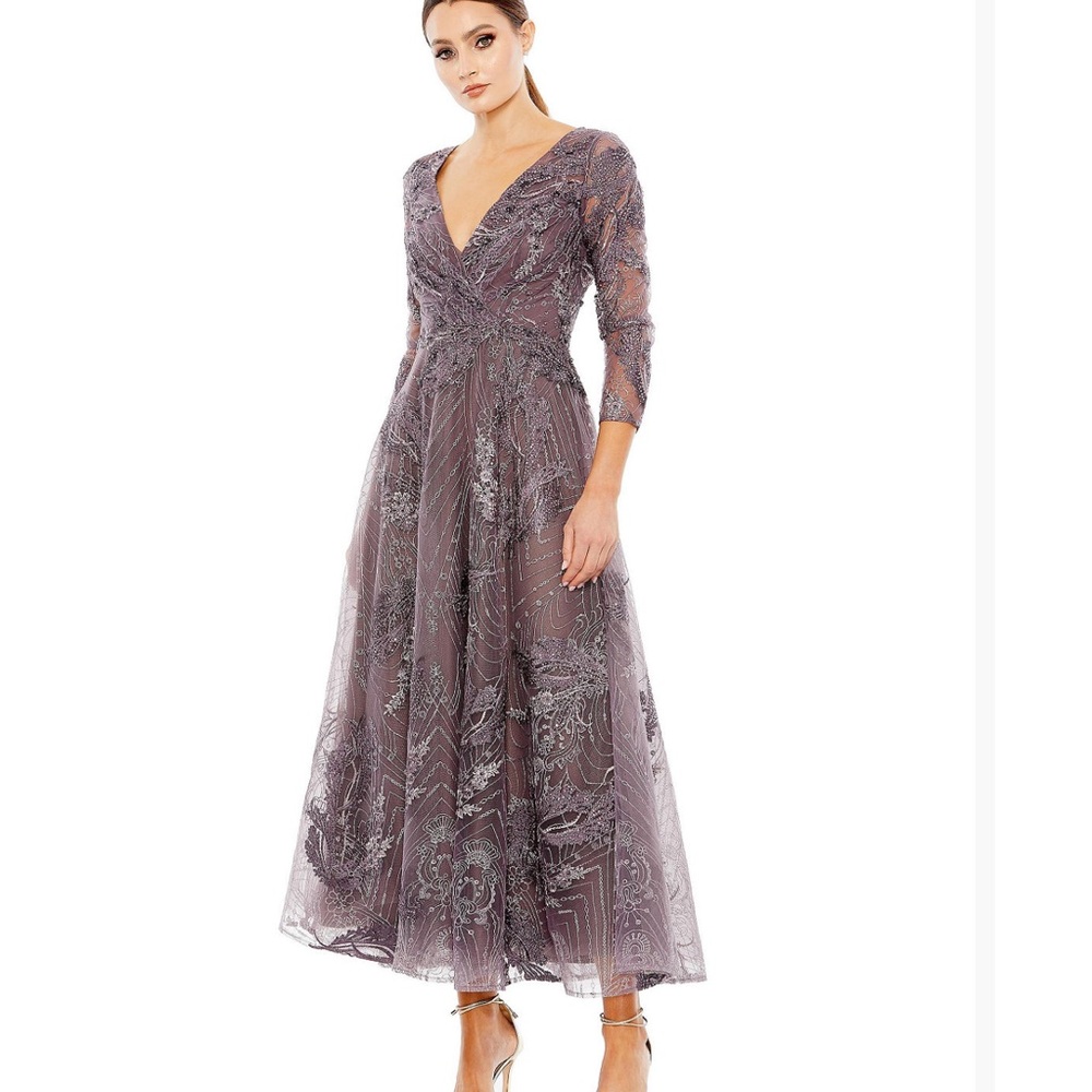 Mac Duggal Lavender Gray Embroidered Tulle Maxi Dress